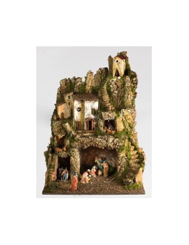 PRESEPE CM. 52x45x70 CON NATIVITÀ 9 PZ CM.10 E LUCI su TreG Ingrosso