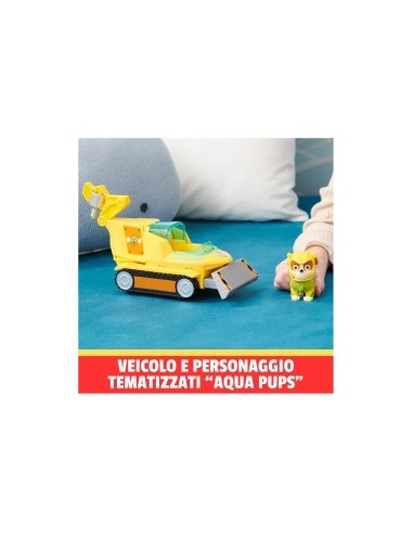 Paw Patrol, veicolo trasformabile Aqua Pups di Rubble, personaggio Rubble incluso, giochi per bambini 3 anni, avventure marine