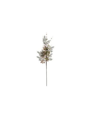 Ramo Decorativo di Natale con Foglie Verdi, 75cm, Perline Dorate, Foglie Glitterate Champagne