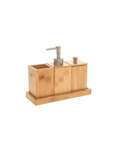 SET 3 ACCESSORI BAGNO IN BAMBOO CON VASSOIO su TreG Ingrosso