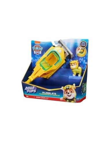 Paw Patrol, veicolo trasformabile Aqua Pups di Rubble, personaggio Rubble incluso, giochi per bambini 3 anni, avventure marine