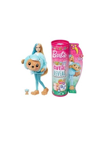 BARBIE Bambola con Costume di Peluche da Orsacchiotto Delfino e 10 Accessori a Sorpresa Cambia Colore 3+ anni