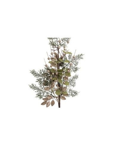 Ramo Decorativo di Natale con Foglie Verdi, 75cm, Perline Dorate, Foglie Glitterate Champagne