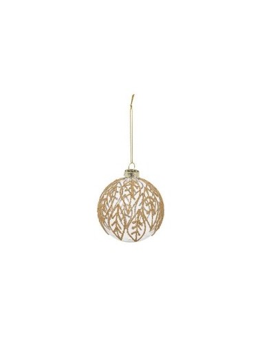 Sfera di Natale in Vetro, 9 cm, Decorazione Foglie Oro, Albero di Natale