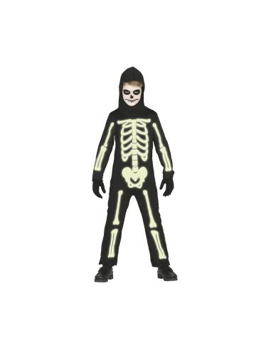 Costume Scheletro Luminoso al Buio, Taglia 7-9 Anni, Body e Cappuccio, Tema Halloween