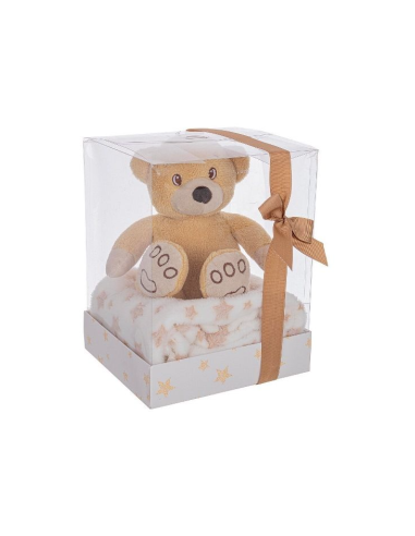 Plaid Bow Star Beige-Bianco con Orso Bizzotto, coperta in pile morbido 90x75 cm, peluche incluso, idea regalo, per bambini